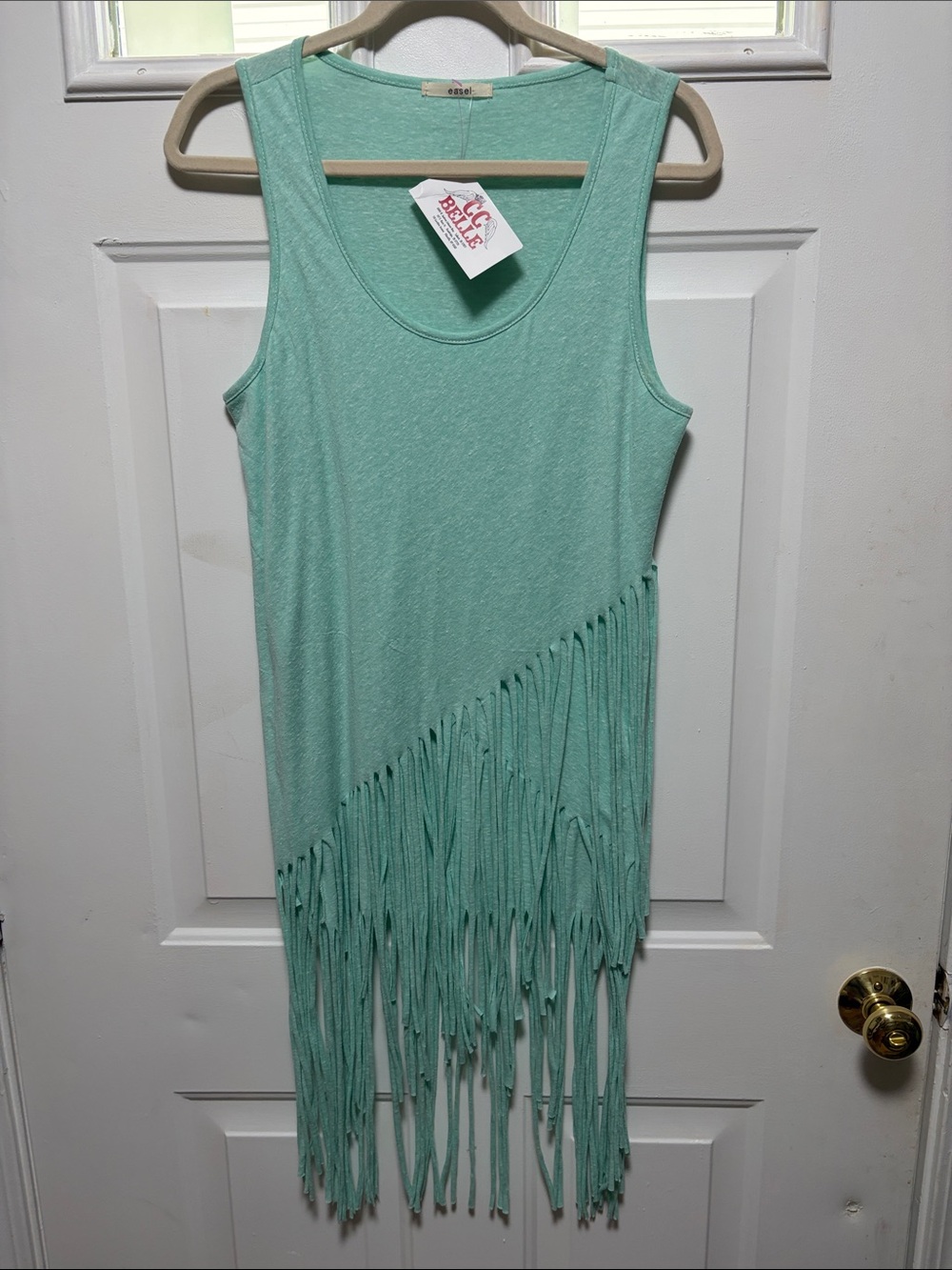 easel Mint Green Sleeveless Top with Fringe Detail